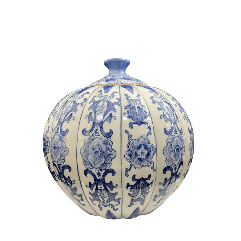 Blue & White Floral Ceramic Vase With Intricate Detailing Decorative Home Accent - Picture 5 of 12